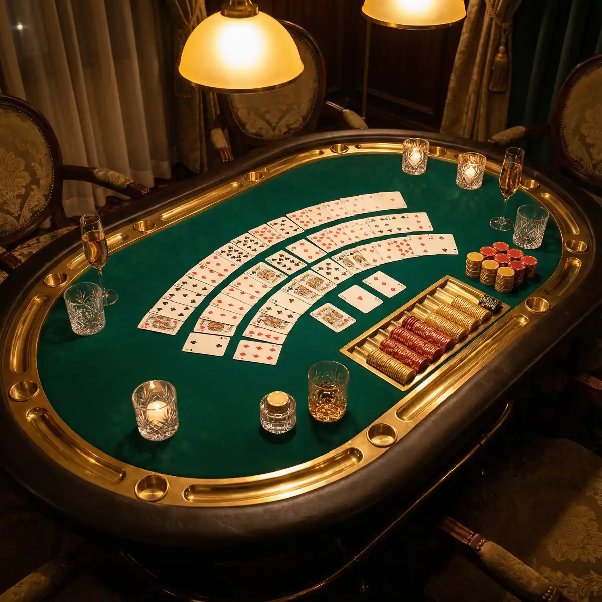 Mesa de bacará elegante con cartas desplegadas y fichas doradas en ambiente lujoso