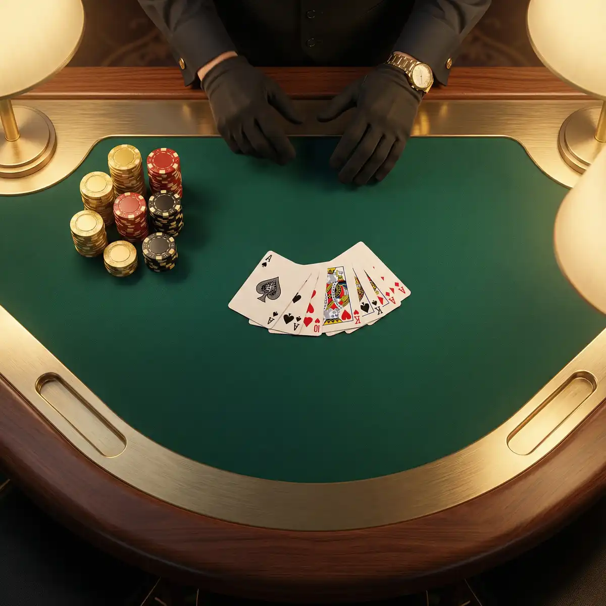 Mesa de blackjack elegante con cartas y fichas en ambiente de casino de lujo