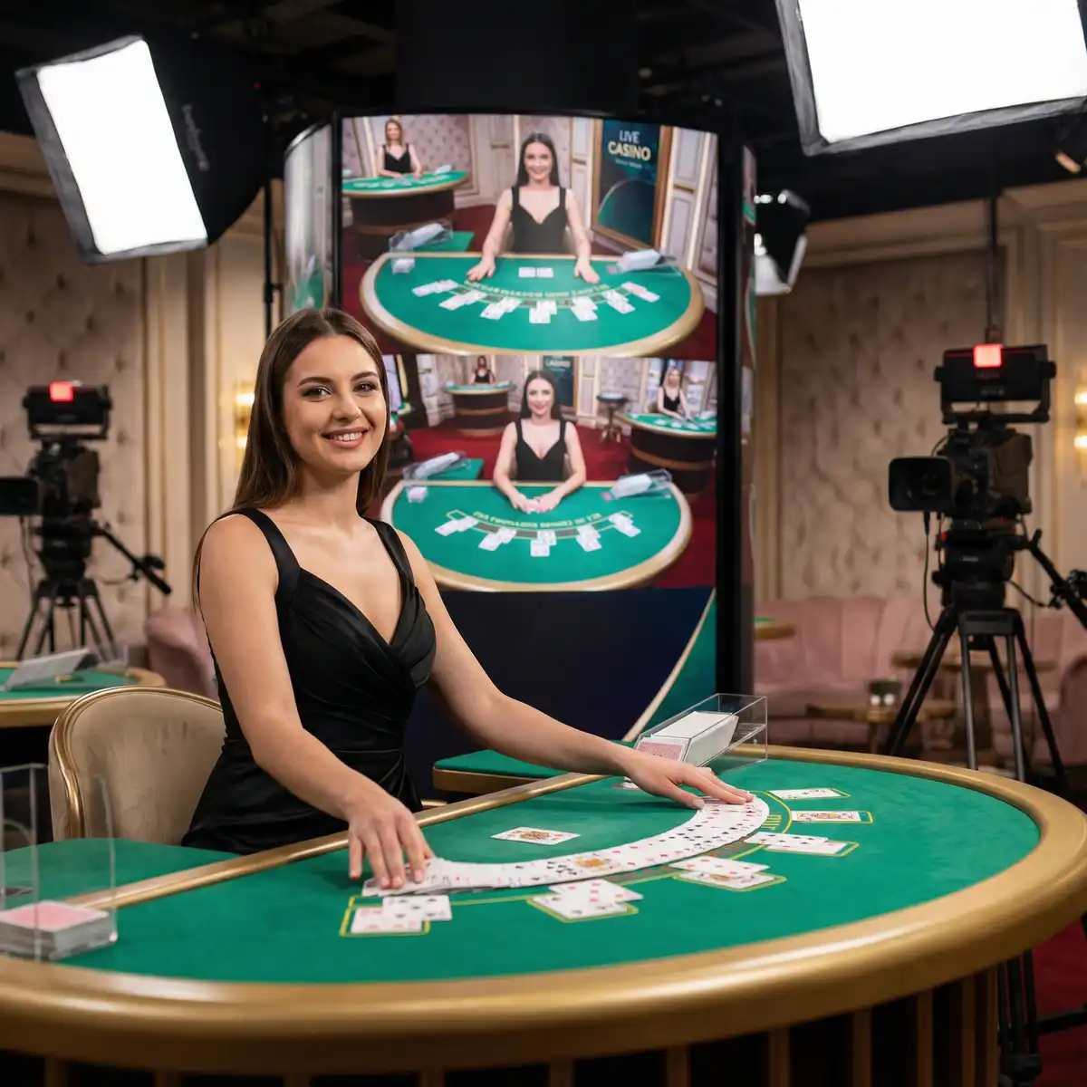 Crupier profesional en estudio de casino en vivo repartiendo cartas en mesa de blackjack