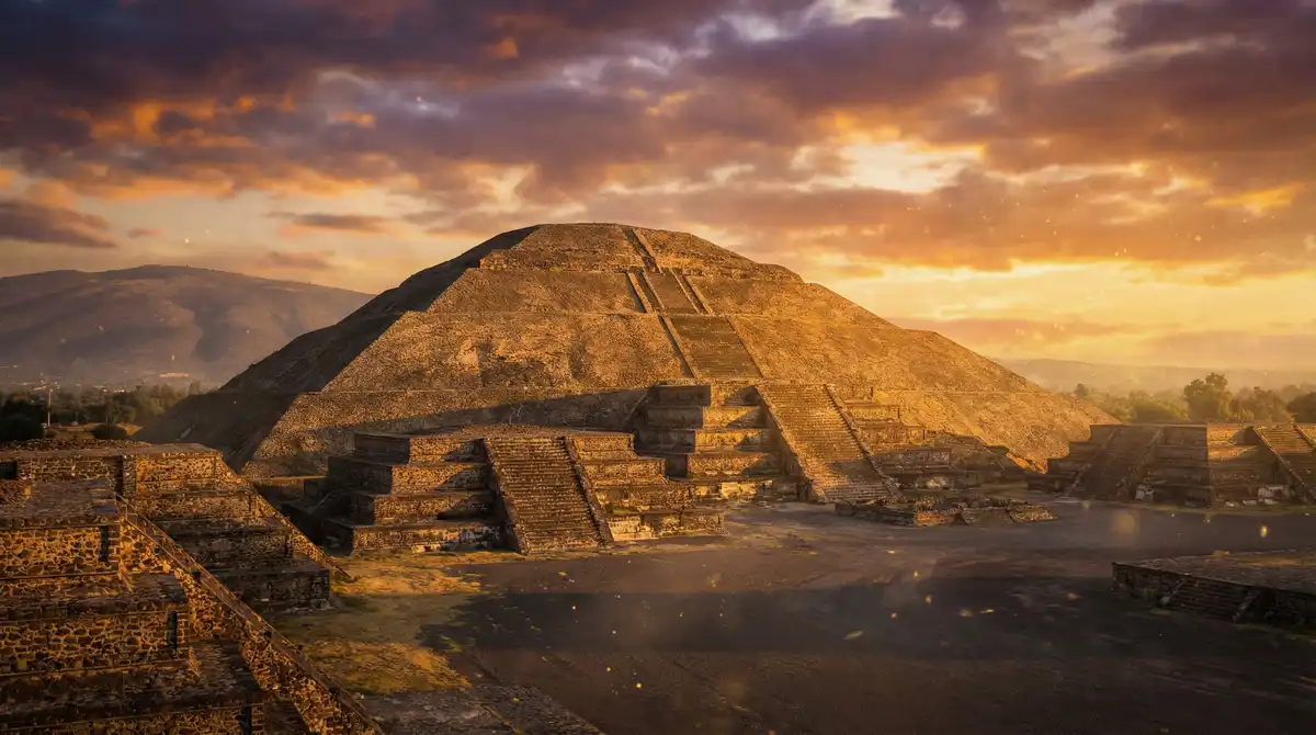 Vista panorámica de las pirámides de Teotihuacán al atardecer representando la grandeza de Juega en Linea Bet